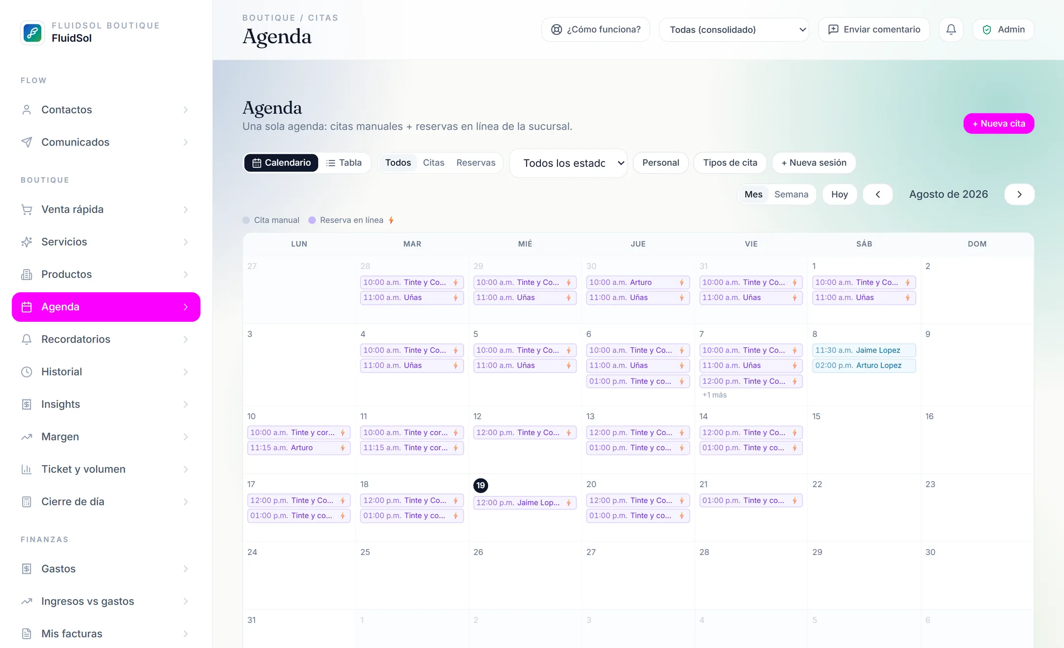 Agenda del mes con citas manuales y reservas en línea.