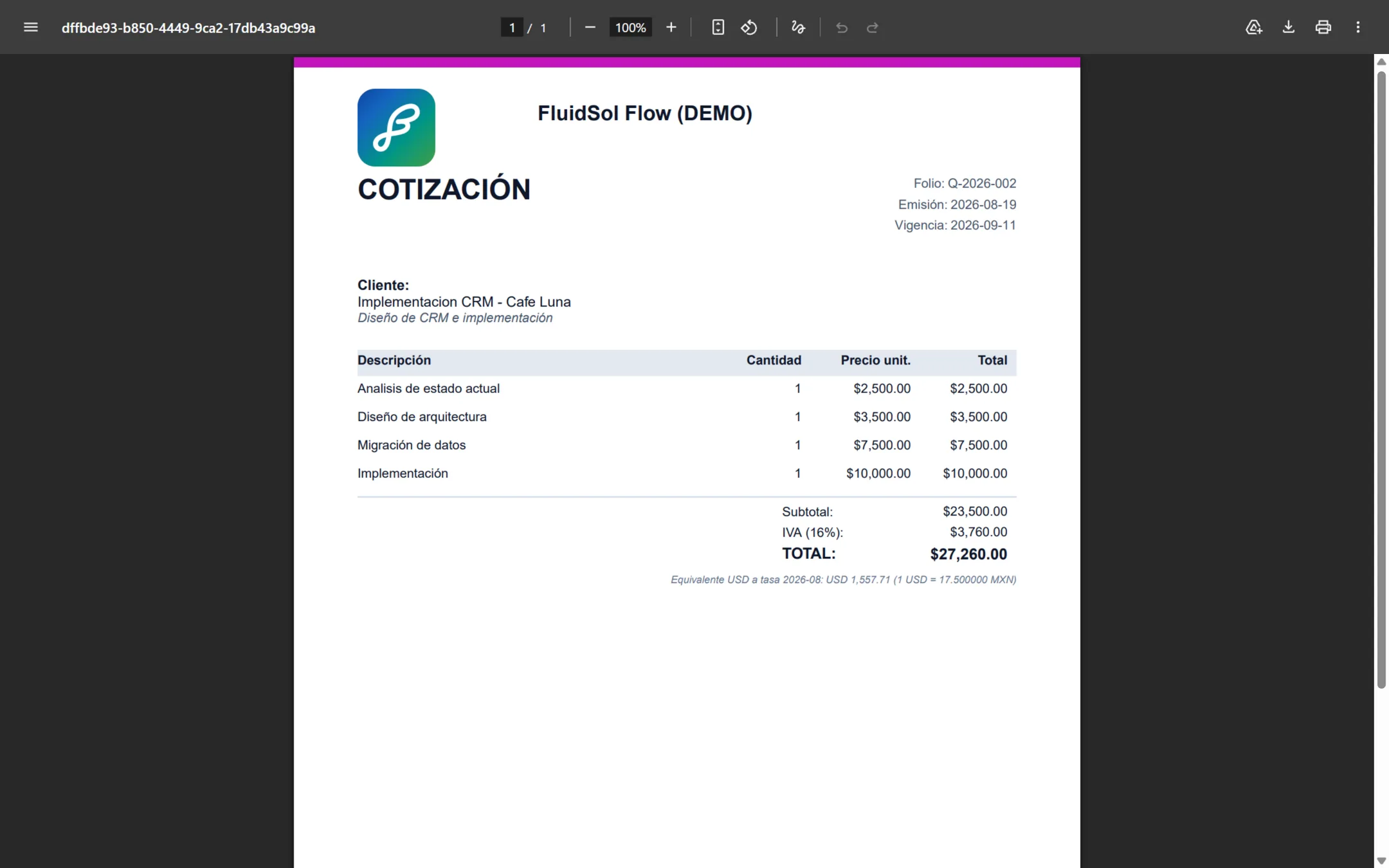 Cotización en PDF con la marca del despacho.