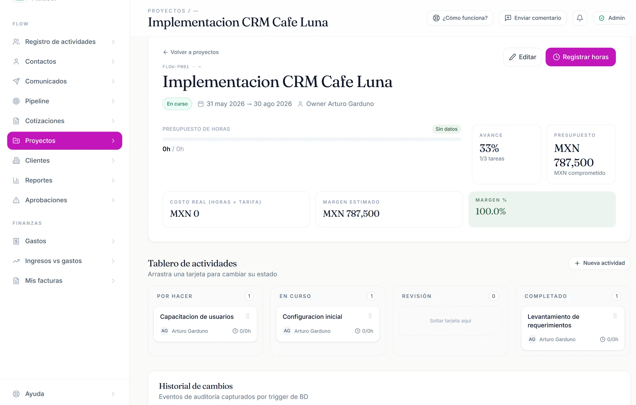 Tareas por proyecto con responsable y estado.