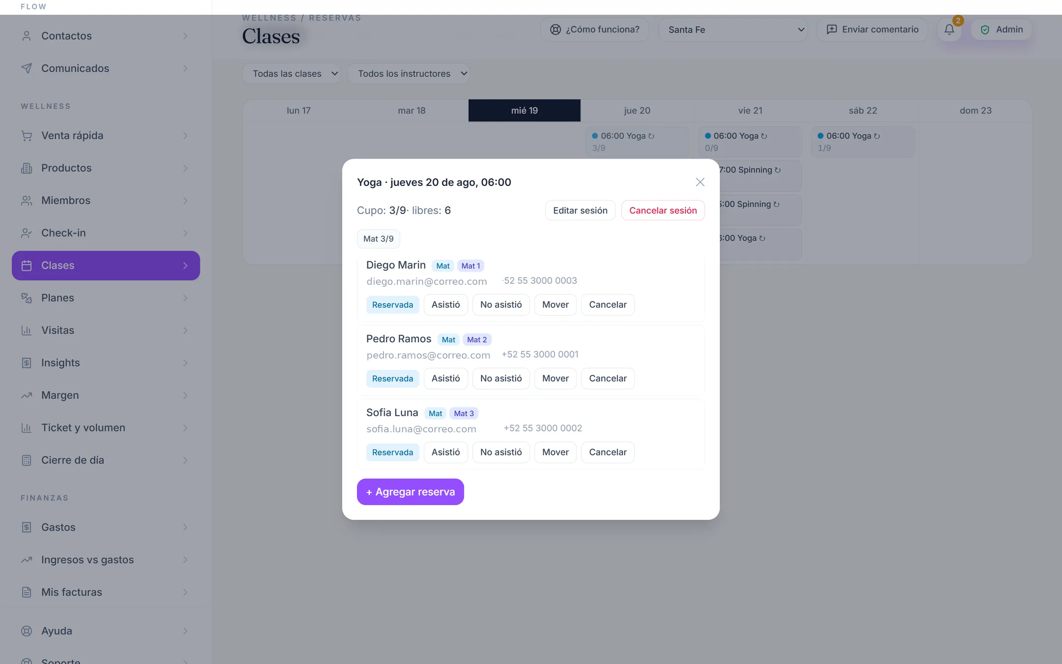 Lista de asistentes con check-in por clase.